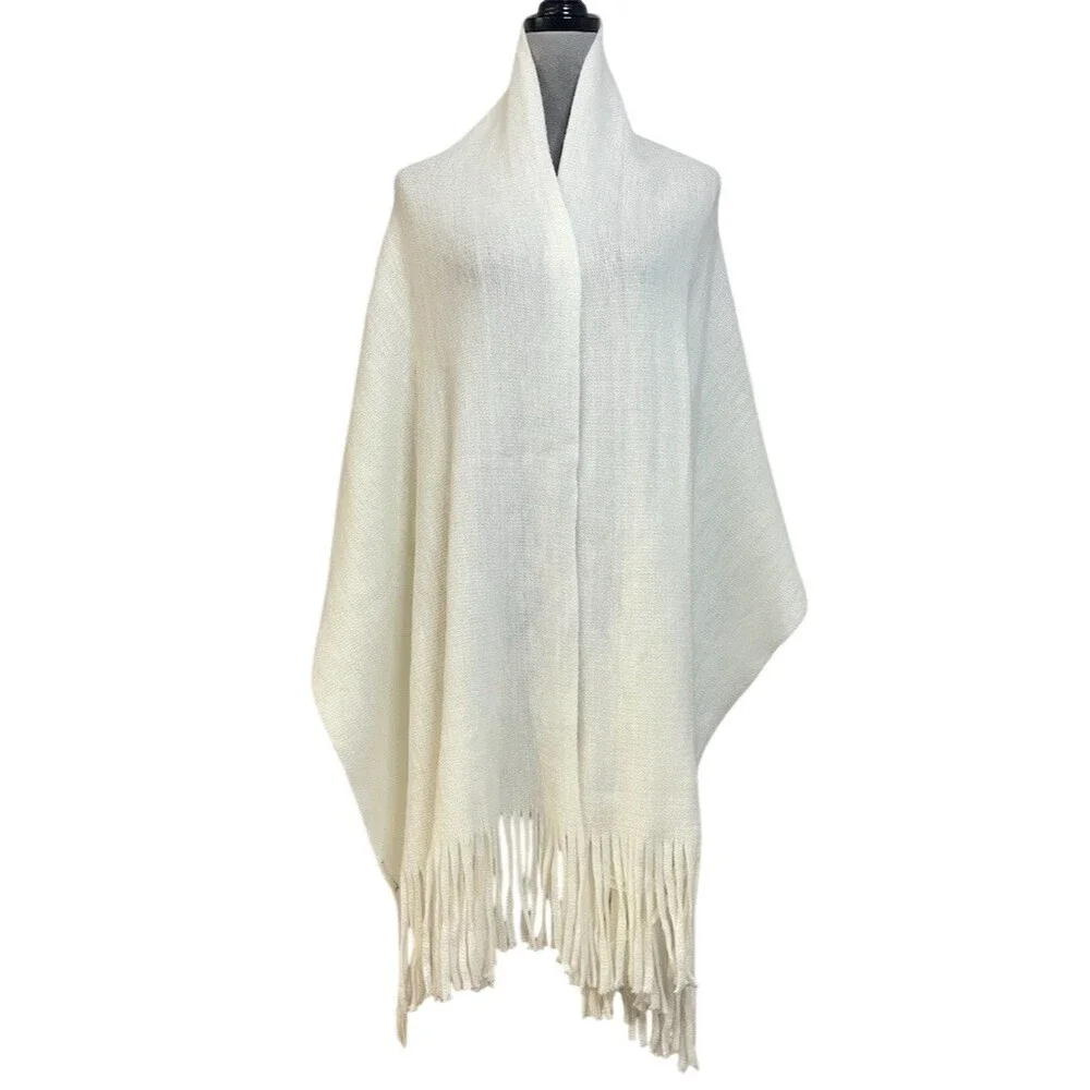 Steve Madden Shawl Wrap Scarf OS Ivory Rectangle Fringe Long Comfy Cozy Winter